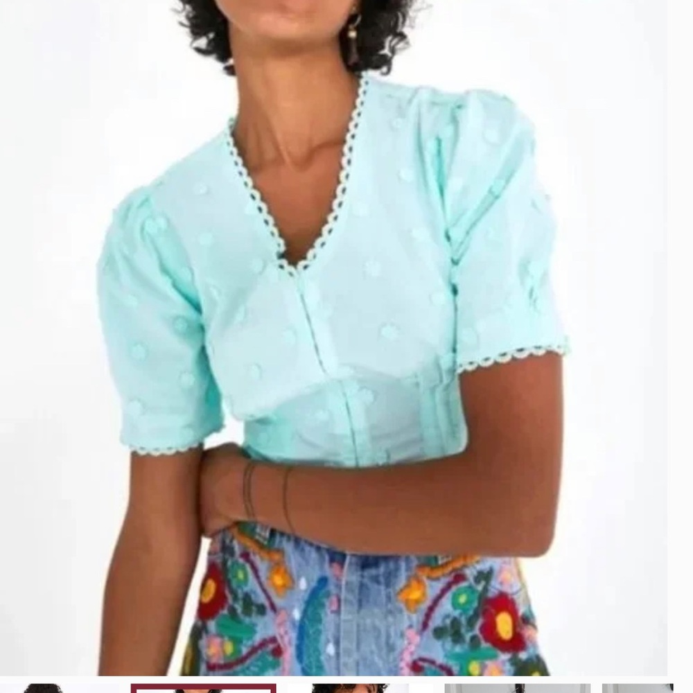 Farm Rio Harmonia Blue Crop Top with Puff Sleeve and Flower Patch Embroidery